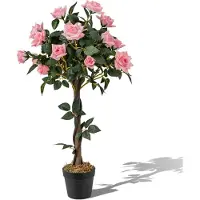 Costway Kunstboom met bloemen, 93 cm, kunstplant in pot, rozenboom met 21 dennenrozen en natuurlijke stam, kunstbloem voor thuis, kantoor, kamerplant, decoratieve plant