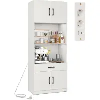 Costway Keukenkast 168 cm, buffetkast met laadstation, 1 USB & 1 type C, voorraadkast keuken met 4 deuren, lade, werkblad en 2 verstelbare planken, hoge kast, multifunctionele kast, wit