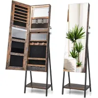 Costway Sieradenkast met spiegel, sieradenspiegelkast met 3-kleurige ledverlichting, afsluitbaar, extra plank, 41,5 x 37 x 157 cm (rustiek bruin)