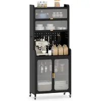 Costway Keukenkast met wieltjes, keukenrek met werkblad, opklapbare pc-deuren, verstelbaar rek en gatenwand, staand rek van metaal, dressoir voor keuken, eetkamer, woonkamer, zwart