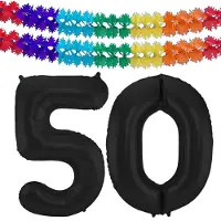 Folat folie ballonnen - Leeftijd cijfer 50 - zwart - 86 cm - en 2x feestslingers gekleurd 600 cm - versiering - feestartikelen