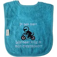 Funnies Blauwe (turquoise) slab met "Ik ben hier! Wanneer krijg ik mijn crossmotor?" - motor, motorrijden, stoer, crossen, blauw, blauwe, kraamcadeautje