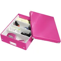 Leitz Wow Click & Store Middelgrote Opbergdoos - 85% Gerecycled Karton - Ruimtebesparende Sorteerdoos met Vakjes - 28.1 x 10 x 37 Cm (BxHxD) - Roze