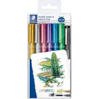 Staedtler Metallic marker, etui van 6 stuks in geassorteerde kleuren + Pigment Liner zwart gratis 10 stuks