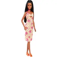 Barbie Fashionista Pop with Black Hair, Wearing Checkered Orange and Pink Flower Midi Dress with Necklace and Sandals.