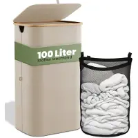 Nince Wasmand - 1 Vak - 100L - Met Deksel - Wassorteerder - Uitneembare Waszakken - Bamboe - Opvouwbaar - Beige