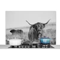 KitchenYeah Spatscherm keuken 120x80 cm - Kookplaat achterwand Schotse Hooglander - Koe - Grijs - Horens - Vacht - Natuur - Muurbeschermer - Spatwand fornuis - Hoogwaardig aluminium