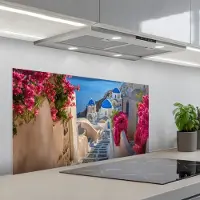KitchenYeah Spatscherm 100x50 cm - Zelfklevende achterwand Santorini - Bloemen - Griekenland - Keuken muurbeschermer - Spatwand fornuis