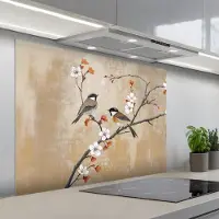 KitchenYeah Spatscherm 100x75 cm - Zelfklevende achterwand Vogels - Bloesemtak - Bloemen - Oranje - Keuken muurbeschermer - Spatwand fornuis