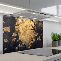 KitchenYeah Spatscherm 80x55 cm - Zelfklevende achterwand Bloemen - Takken - Goud - Sierlijk - Keuken muurbeschermer - Spatwand fornuis