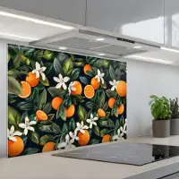 KitchenYeah Spatscherm 80x55 cm - Zelfklevende achterwand Sinaasappels - Bloesems - Bladeren - Tropisch - Keuken muurbeschermer - Spatwand fornuis