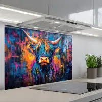 KitchenYeah Spatscherm 90x60 cm - Zelfklevende achterwand Schotse Hooglander - Abstract - Kleurrijk - Keuken muurbeschermer - Spatwand fornuis