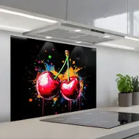 KitchenYeah Spatscherm 80x60 cm - Zelfklevende achterwand Kersen - Fruit - Graffiti - Verf - Abstract - Modern - Kleurrijk - Keuken muurbeschermer - Spatwand fornuis