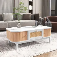 OKWISH Salontafels Koffietafel - Rechthoekige Salontafel Met Rattan Lade - Schuifdeuren En Massief Hout Poten - 110x55x38,5 cm - Massief Hout + Spaanplaat - Wit