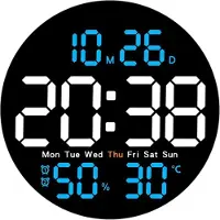 LONGZIMING -LED Digitale Wandklok – 25 cm Rond– Innovatief– Praktisch– Helder Verlicht– Automatische Helderheid–Geheugenfunctie–Blauw