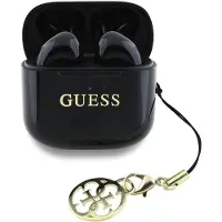 GUESS TWS-oordopjes met glanzende afwerking. Klassiek logo en bedel, zwart