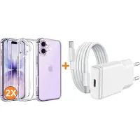 Ntech USB C Adapter - USB C Oplader 20W Met USB C Kabel 1M - Hoesje Geschikt voor iPhone 17 transparant Anti Shock silicone met 2x screenprotector- COMBI-SET