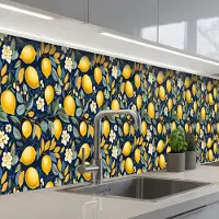 KitchenYeah Keuken achterwand 350x60 cm - Spatscherm zelfklevend Citroenen - Bloemen - Bladeren - Blauw - Muurbeschermer - Spatwand fornuis