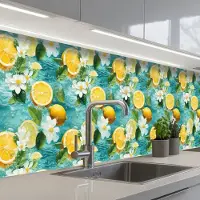 KitchenYeah Keuken achterwand 400x80 cm - Spatscherm zelfklevend Citroen - Bloemen - Bruisend - Water - Muurbeschermer - Spatwand fornuis