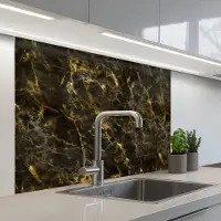 KitchenYeah Keuken achterwand 100x80 cm - Spatscherm zelfklevend Zwart - Marmer print - Goud - Muurbeschermer - Spatwand fornuis