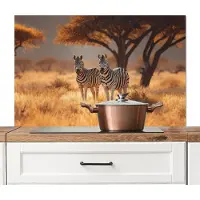 KitchenYeah Spatscherm keuken 100x65 cm - Kookplaat achterwand Zebra's - Savannelandschap - Gras - Muurbeschermer - Spatwand fornuis - Hoogwaardig aluminium