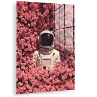 MuchoWow Glasschilderij 120x160 cm - Schilderij acrylglas - Bloemen - Roze - Astronaut - Foto op glas - Muurdecoratie woonkamer - Wanddecoratie slaapkamer - Schilderijen