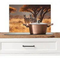 KitchenYeah Spatscherm keuken 70x50 cm - Kookplaat achterwand Zebra's - Savannelandschap - Gras - Muurbeschermer - Spatwand fornuis - Hoogwaardig aluminium