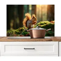 KitchenYeah Spatscherm keuken 80x55 cm - Kookplaat achterwand Eekhoorn - Nootje - Gras - Muurbeschermer - Spatwand fornuis - Hoogwaardig aluminium