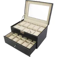 OEM - Horlogebox, opbergruimte voor horloges en armbanden - Materiaal doos: MDF - Materiaal kussen: fluweel - 20 horloges met lade en display, zwart/beige