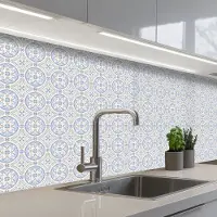 KitchenYeah Keuken achterwand 200x60 cm - Spatscherm zelfklevend Tegel - Patroon - Beige - Blauw - Muurbeschermer - Spatwand fornuis