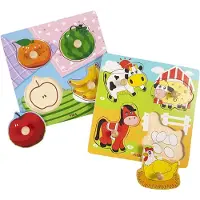 Viga Toys Houten Legpuzzels met Knoppen - Fruit en Boerderijdieren, 2x4 Delen, Educatief Speelgoed voor Kinderen, Verbeter Hand-Oogcoördinatie, Afm. 22x22 cm, 2 Stuks per Set