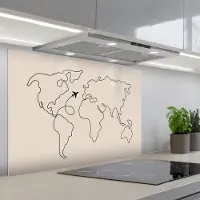 KitchenYeah Spatscherm 90x60 cm - Zelfklevende achterwand Wereldkaart - Simpel - Vliegtuig - Keuken muurbeschermer - Spatwand fornuis