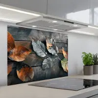 KitchenYeah Spatscherm 80x60 cm - Zelfklevende achterwand Bladeren - Herfst - Grijs - Natuur - Keuken muurbeschermer - Spatwand fornuis