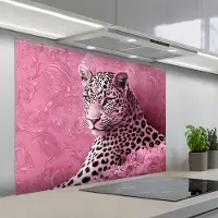 KitchenYeah Spatscherm 100x75 cm - Zelfklevende achterwand Panter - Luxe - Roze - Keuken muurbeschermer - Spatwand fornuis