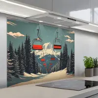 KitchenYeah Spatscherm 100x75 cm - Zelfklevende achterwand Sneeuw - Skilift - Rood - Bomen - Keuken muurbeschermer - Spatwand fornuis