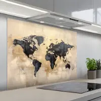 KitchenYeah Spatscherm 100x75 cm - Zelfklevende achterwand Wereldkaart - Goud - Zwart - Abstract - Keuken muurbeschermer - Spatwand fornuis
