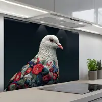 KitchenYeah Spatscherm 120x80 cm - Zelfklevende achterwand Duif - Bloemen - Wit - Zwart - Keuken muurbeschermer - Spatwand fornuis