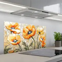 KitchenYeah Spatscherm 100x50 cm - Zelfklevende achterwand Klaprozen - Oranje - Mozaïek - Bladeren - Keuken muurbeschermer - Spatwand fornuis