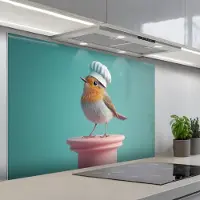 KitchenYeah Spatscherm 120x80 cm - Zelfklevende achterwand Roodborstje - Vogel - Koksmuts - Sokkel - Keuken muurbeschermer - Spatwand fornuis