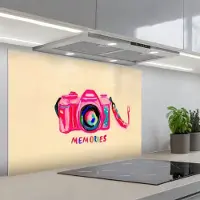 KitchenYeah Spatscherm 90x60 cm - Zelfklevende achterwand Camera - Memories - Roze - Geschilderd - Keuken muurbeschermer - Spatwand fornuis