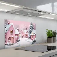 KitchenYeah Spatscherm 70x50 cm - Zelfklevende achterwand Kerstdorp - Roze - Winter - Sneeuw - Huizen - Keuken muurbeschermer - Spatwand fornuis