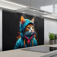 KitchenYeah Spatscherm 120x80 cm - Zelfklevende achterwand Graffiti - Kat - Zwart - Jas - Street art - Keuken muurbeschermer - Spatwand fornuis