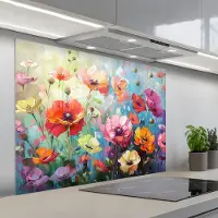 KitchenYeah Spatscherm 100x75 cm - Zelfklevende achterwand Bloemen - Kleurrijk - Waterverf - Natuur - Zomer - Keuken muurbeschermer - Spatwand fornuis