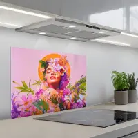 KitchenYeah Spatscherm 70x55 cm - Zelfklevende achterwand Vrouw - Abstract - Cirkel - Bloemen - Keuken muurbeschermer - Spatwand fornuis