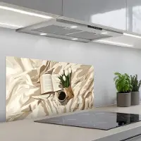 KitchenYeah Spatscherm 80x40 cm - Zelfklevende achterwand Boek - Illustratie - Tulpen - Koffie - Keuken muurbeschermer - Spatwand fornuis