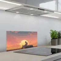 KitchenYeah Spatscherm 60x30 cm - Zelfklevende achterwand Busje - Kat - Zonsondergang - Oranje - Keuken muurbeschermer - Spatwand fornuis