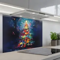 KitchenYeah Spatscherm 90x60 cm - Zelfklevende achterwand Kerstboom - Kerst - Abstract - Kleurrijk - Keuken muurbeschermer - Spatwand fornuis