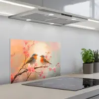 KitchenYeah Spatscherm 60x40 cm - Zelfklevende achterwand Roodborstjes - Sierlijk - Bloesemtak - Keuken muurbeschermer - Spatwand fornuis