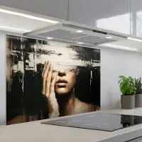 KitchenYeah Spatscherm 90x60 cm - Zelfklevende achterwand Hand - Gezicht - Strepen - Abstract - Keuken muurbeschermer - Spatwand fornuis