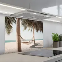 KitchenYeah Spatscherm 90x70 cm - Zelfklevende achterwand Hangmat - Palmbomen - Strand - Zee - Keuken muurbeschermer - Spatwand fornuis